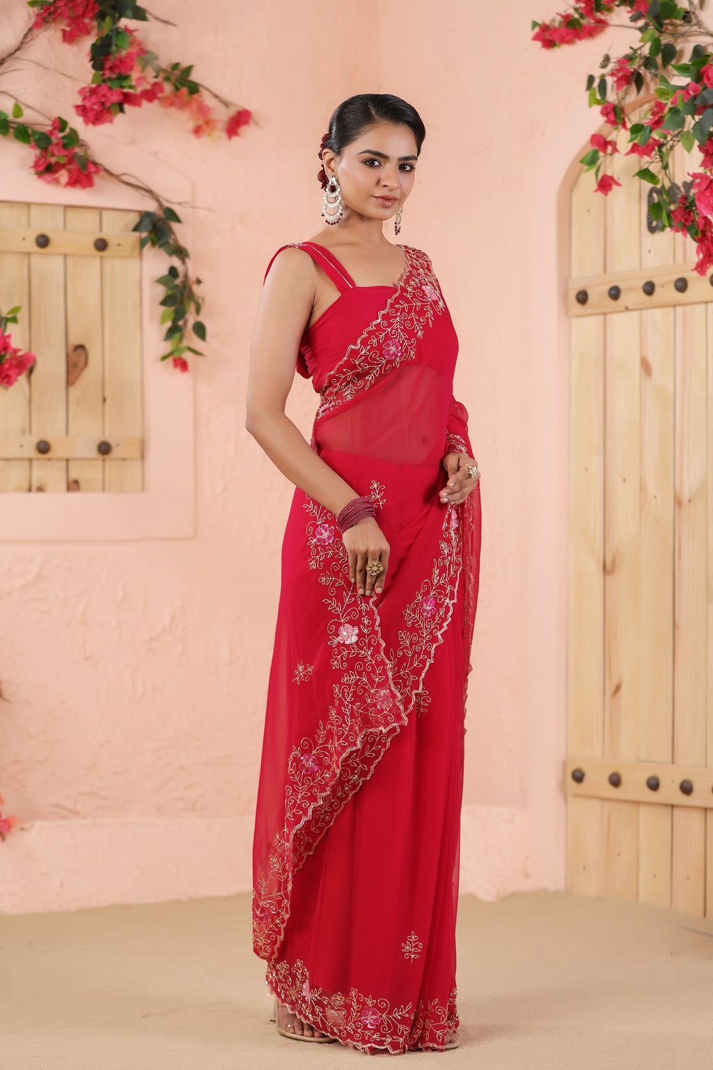 Pink Hand Embroidered Chiffon Saree