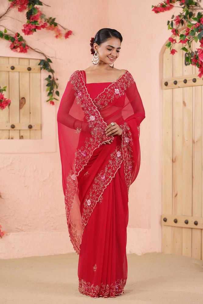 Pink Hand Embroidered Chiffon Saree