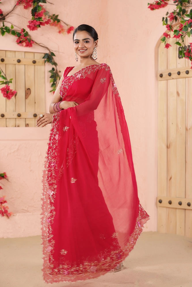 Pink Hand Embroidered Chiffon Saree