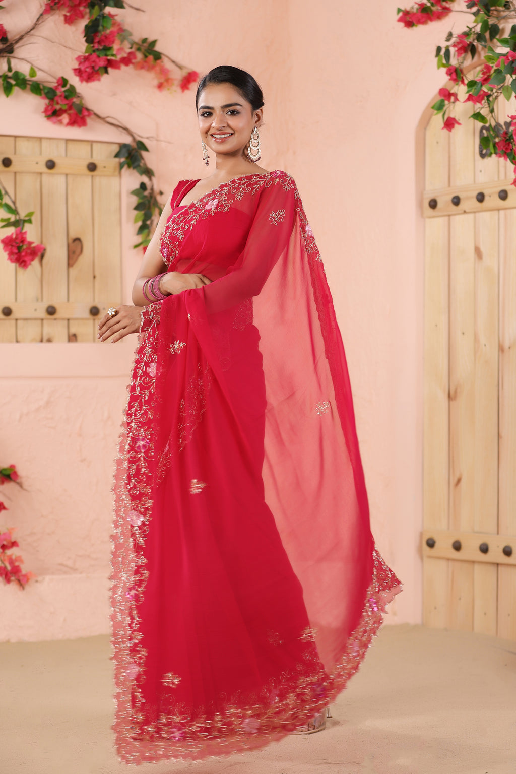 Pink Hand Embroidered Chiffon Saree