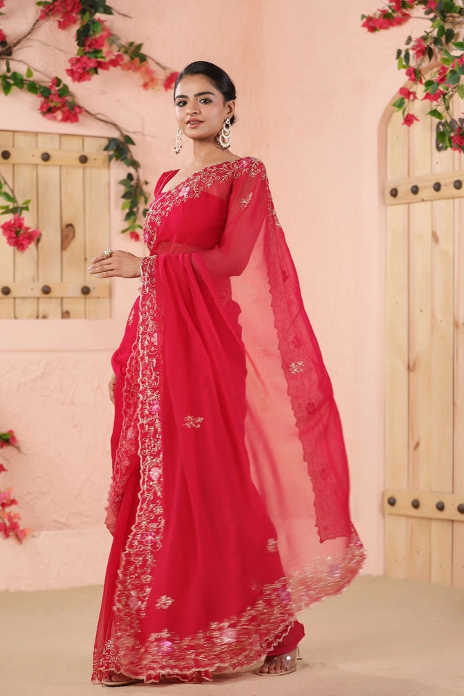 Pink Hand Embroidered Chiffon Saree
