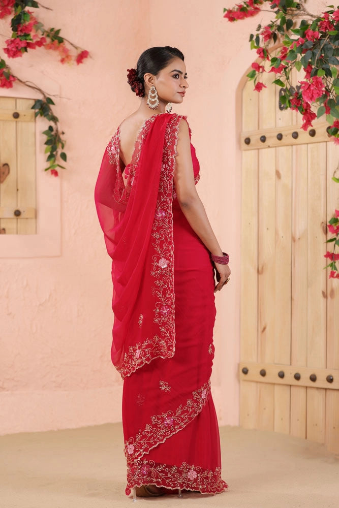 Pink Hand Embroidered Chiffon Saree