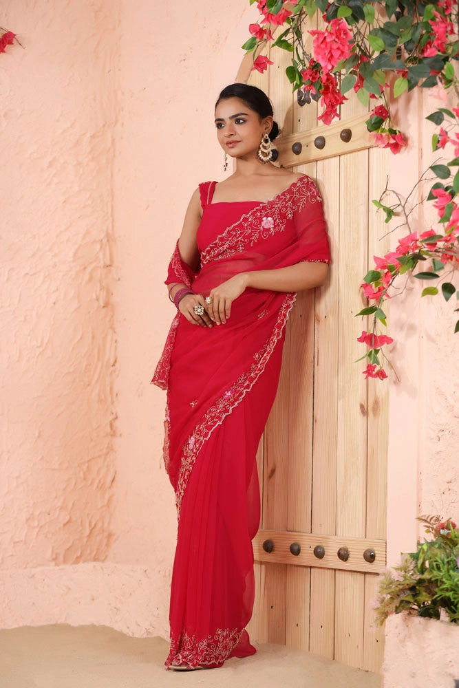 Pink Hand Embroidered Chiffon Saree