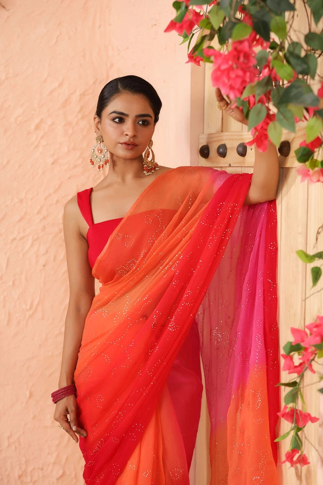 Orange Pink Shaded Hand Embroidered Mukaish Jaal Chiffon Saree