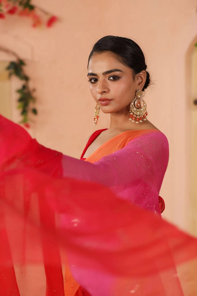 Orange Pink Shaded Hand Embroidered Mukaish Jaal Chiffon Saree