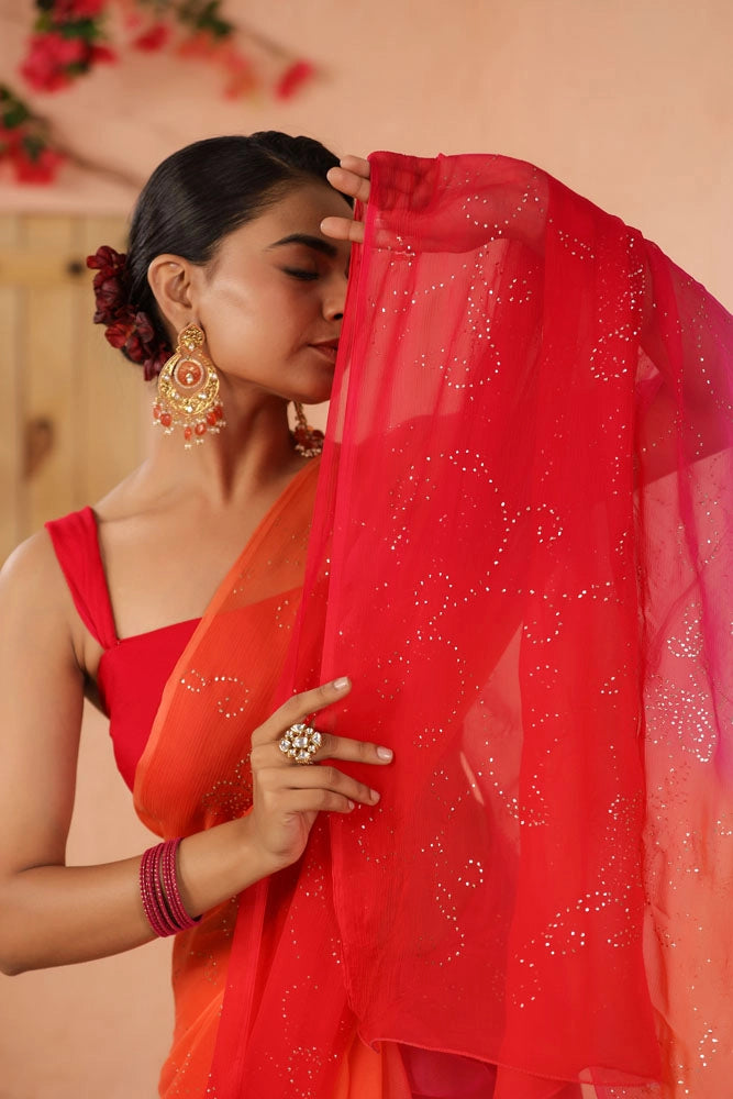 Orange Pink Shaded Hand Embroidered Mukaish Jaal Chiffon Saree