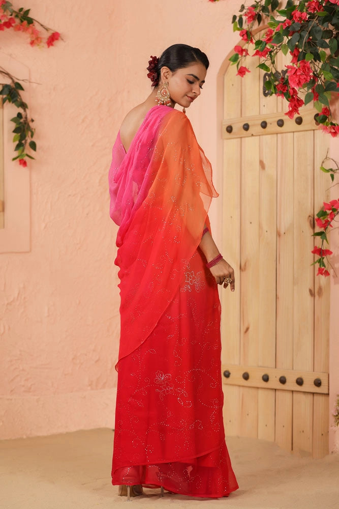 Orange Pink Shaded Hand Embroidered Mukaish Jaal Chiffon Saree