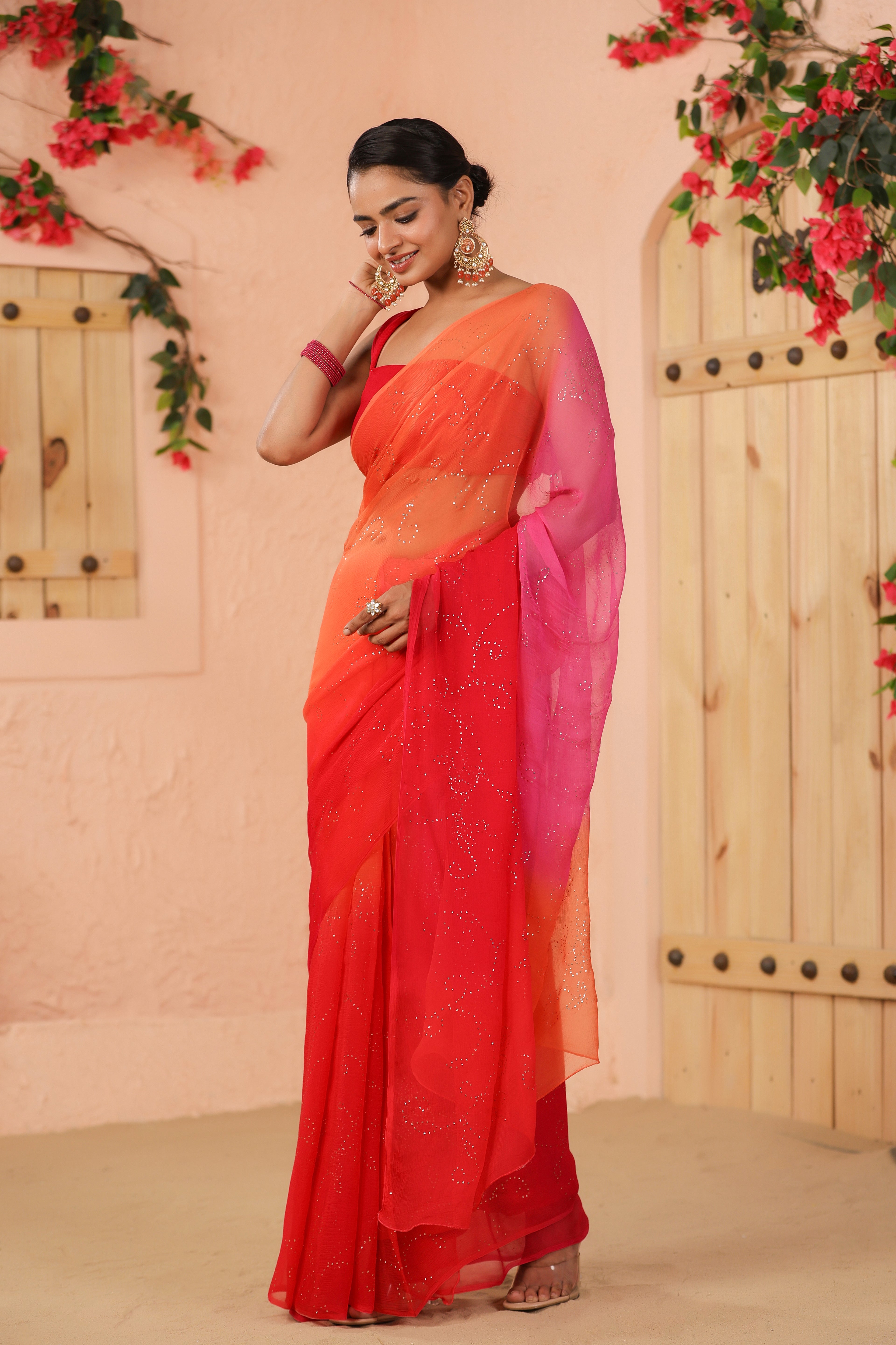 Orange Pink Shaded Hand Embroidered Mukaish Jaal Chiffon Saree