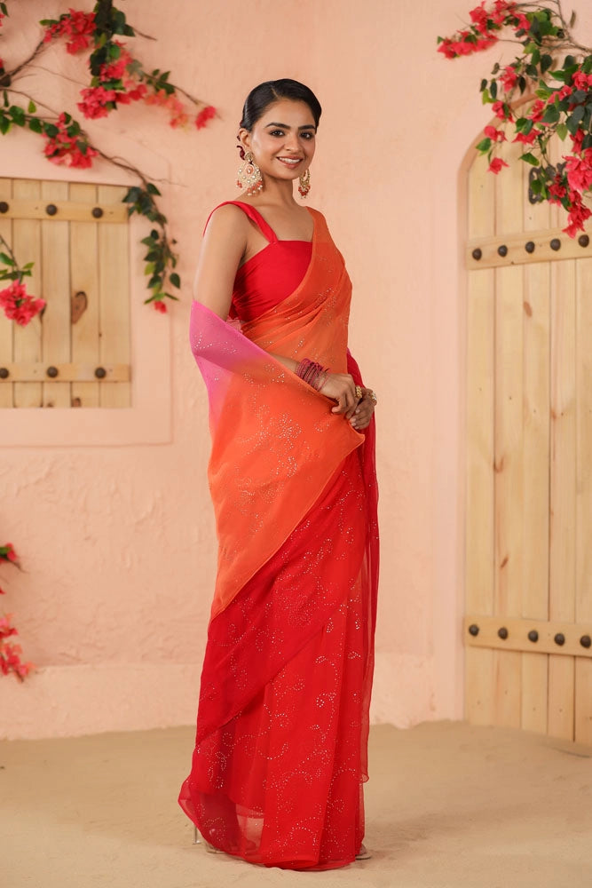 Orange Pink Shaded Hand Embroidered Mukaish Jaal Chiffon Saree