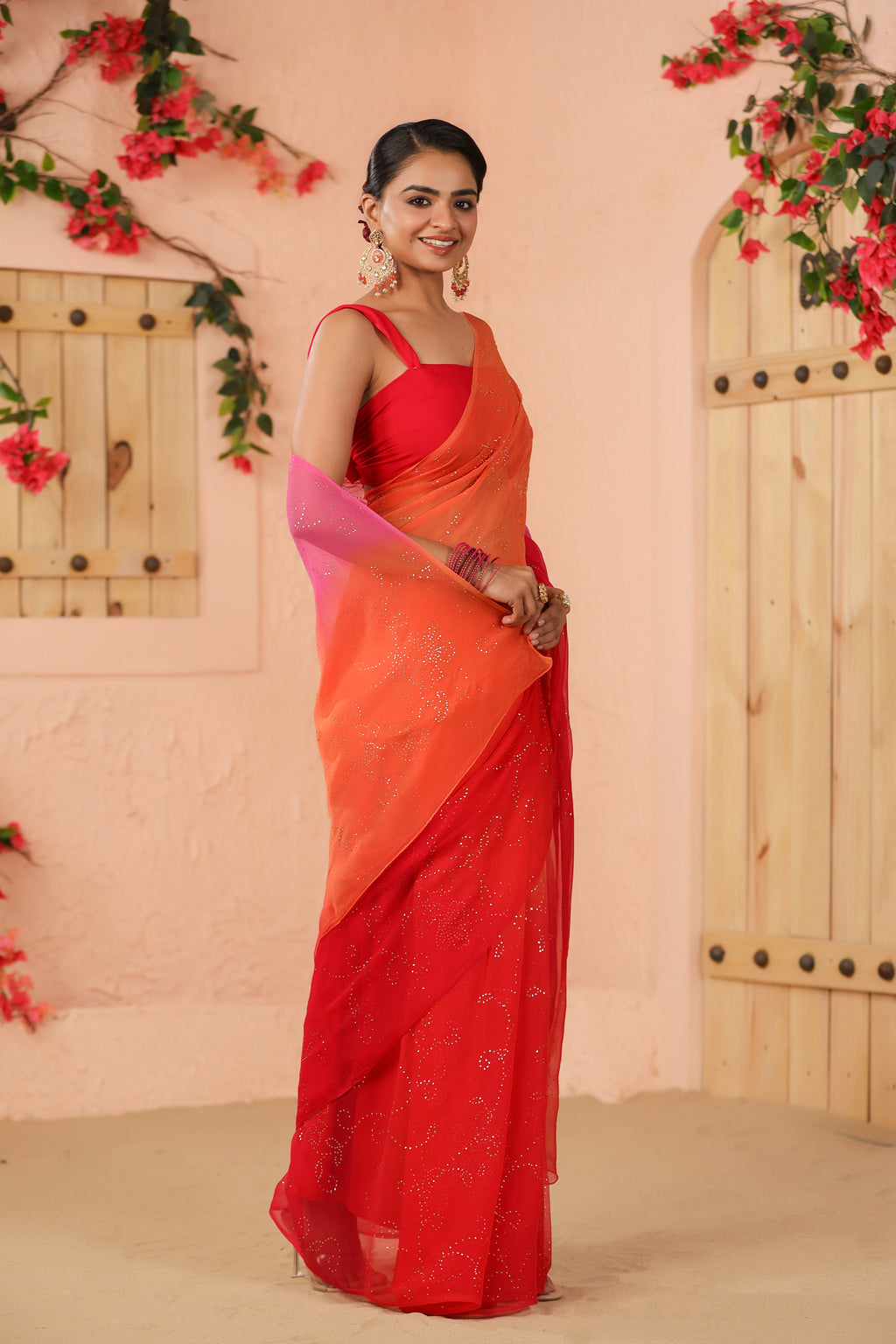 Orange Pink Shaded Hand Embroidered Mukaish Jaal Chiffon Saree