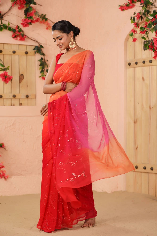 Orange Pink Shaded Hand Embroidered Mukaish Jaal Chiffon Saree