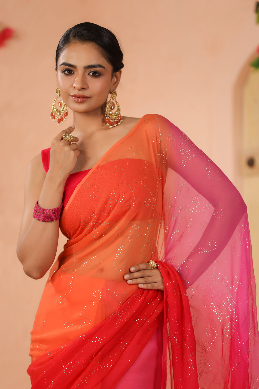 Orange Pink Shaded Hand Embroidered Mukaish Jaal Chiffon Saree