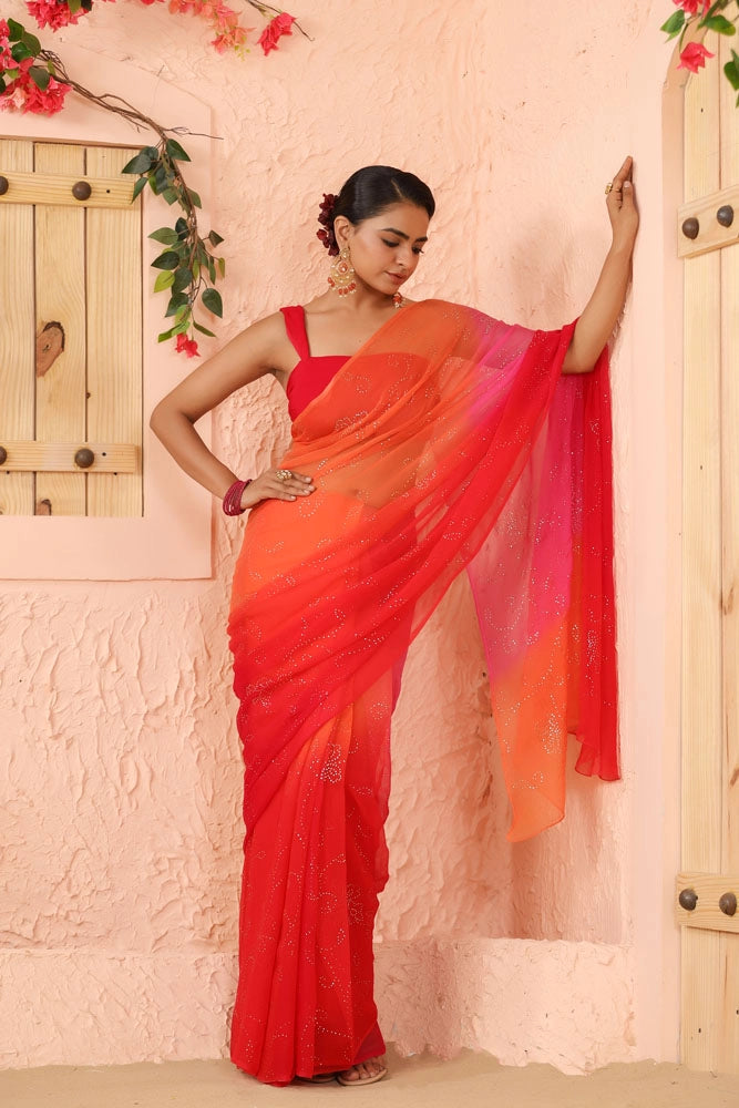 Orange Pink Shaded Hand Embroidered Mukaish Jaal Chiffon Saree
