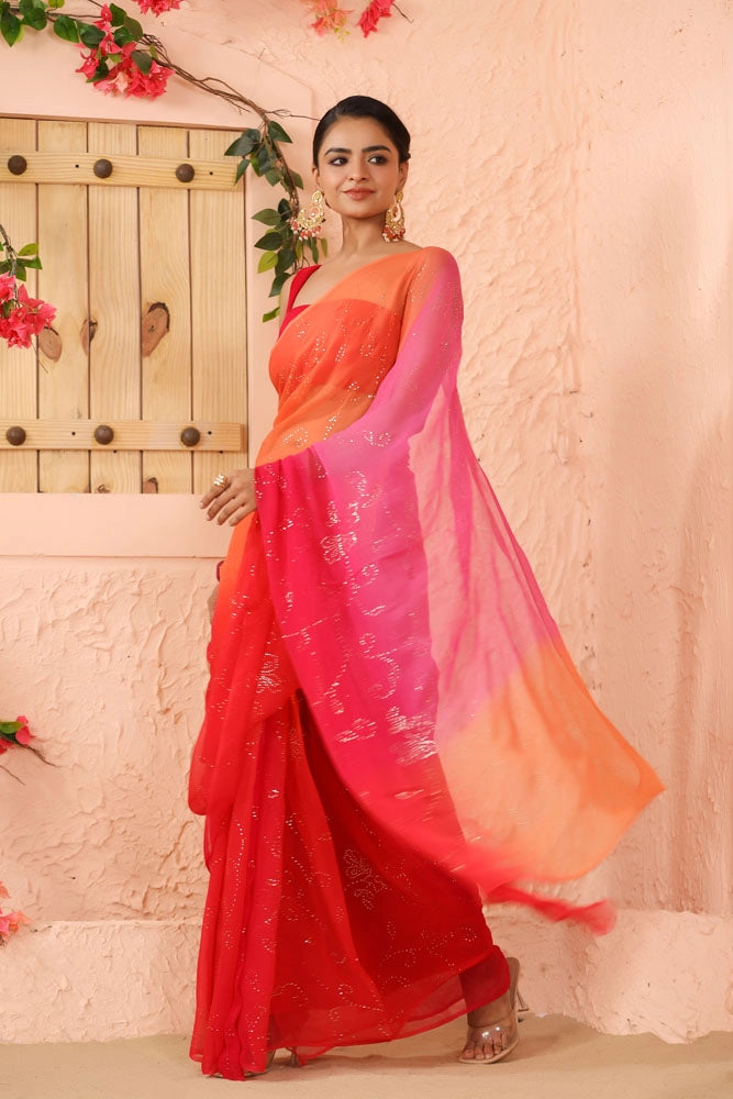 Orange Pink Shaded Hand Embroidered Mukaish Jaal Chiffon Saree