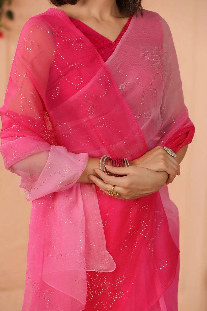 Shaded Pink Hand Embroidered Mukaish Jaal Chiffon Saree