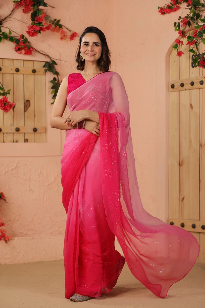 Shaded Pink Hand Embroidered Mukaish Jaal Chiffon Saree