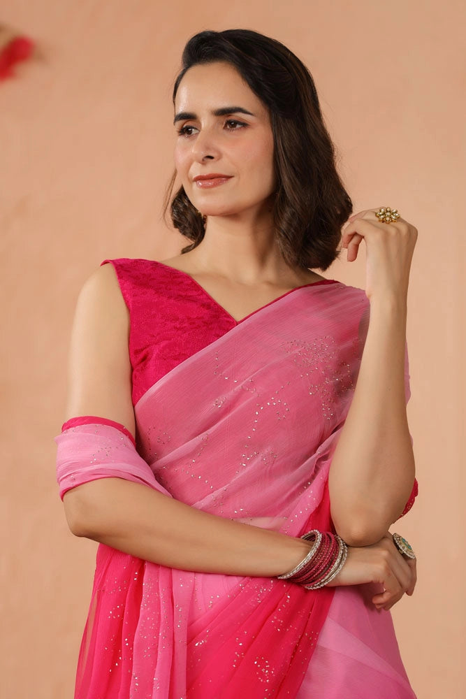 Shaded Pink Hand Embroidered Mukaish Jaal Chiffon Saree