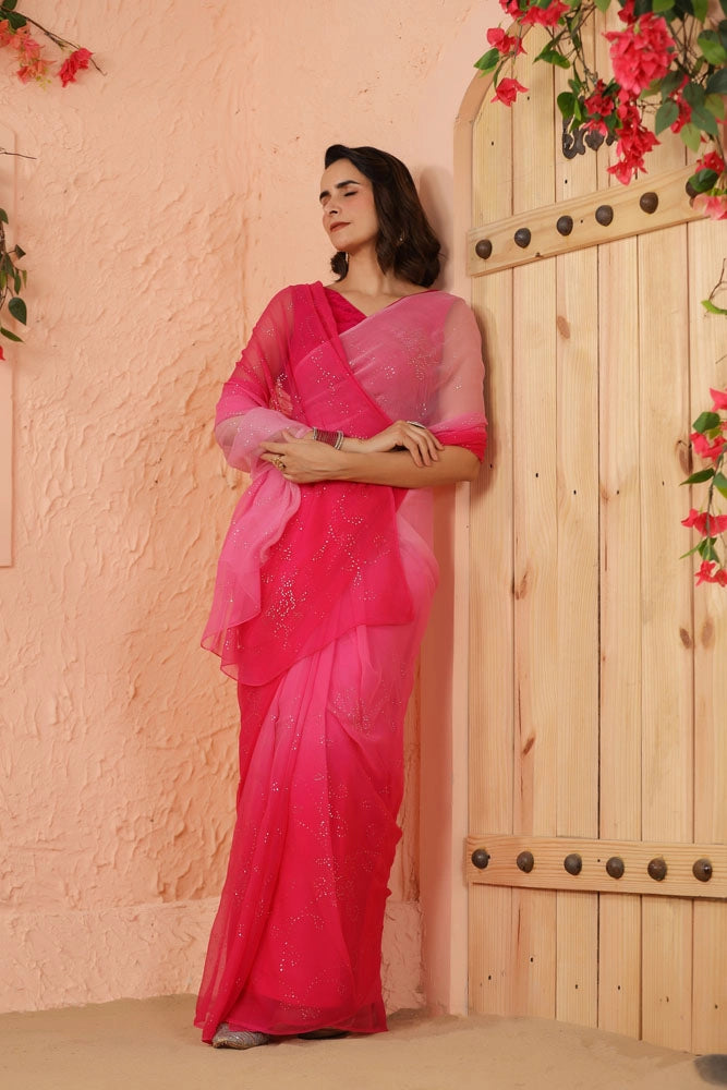 Shaded Pink Hand Embroidered Mukaish Jaal Chiffon Saree