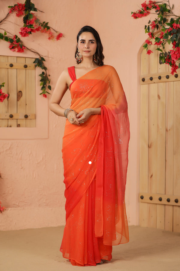 Shaded Orange & Peach Chiffon Saree