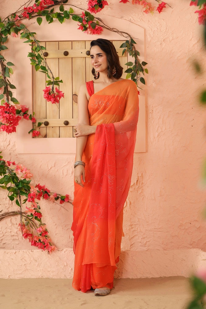 Shaded Orange & Peach Hand Embroidered Mukaish Jaal Chiffon Saree