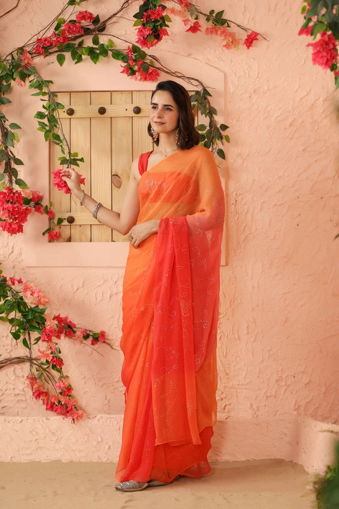 Shaded Orange & Peach Hand Embroidered Mukaish Jaal Chiffon Saree
