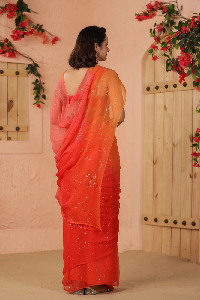 Shaded Orange & Peach Hand Embroidered Mukaish Jaal Chiffon Saree