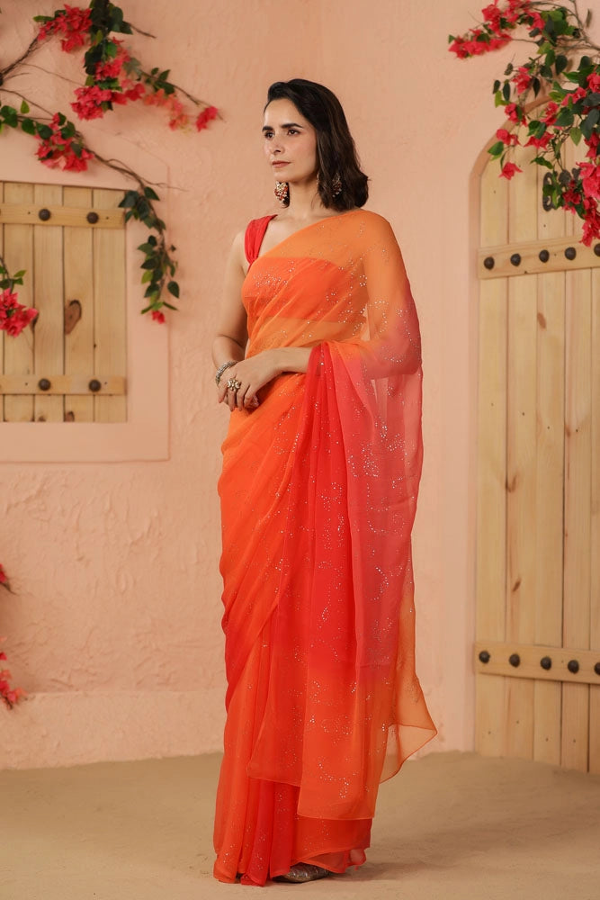 Shaded Orange & Peach Hand Embroidered Mukaish Jaal Chiffon Saree