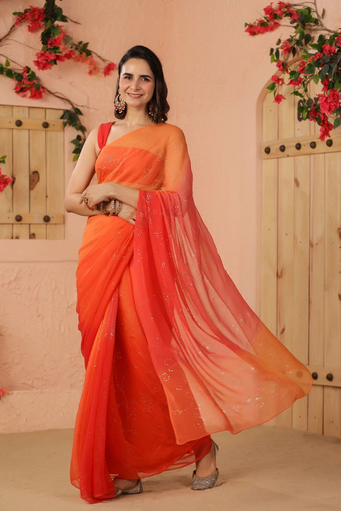 Shaded Orange & Peach Hand Embroidered Mukaish Jaal Chiffon Saree