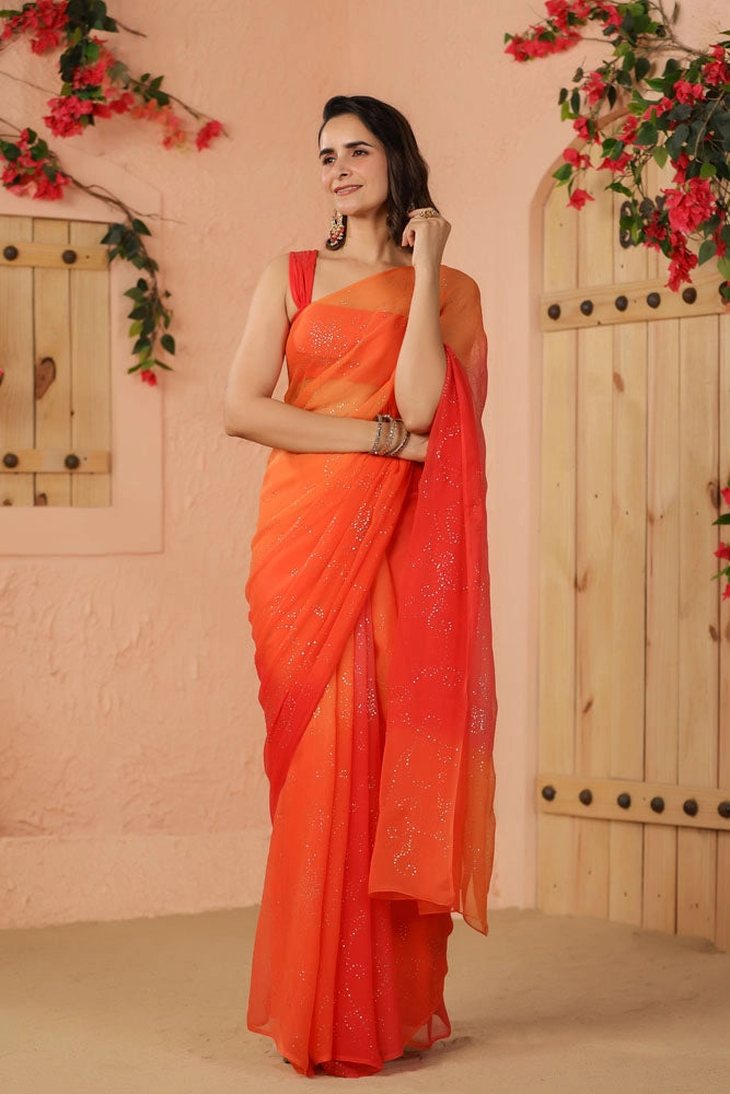 Shaded Orange & Peach Hand Embroidered Mukaish Jaal Chiffon Saree