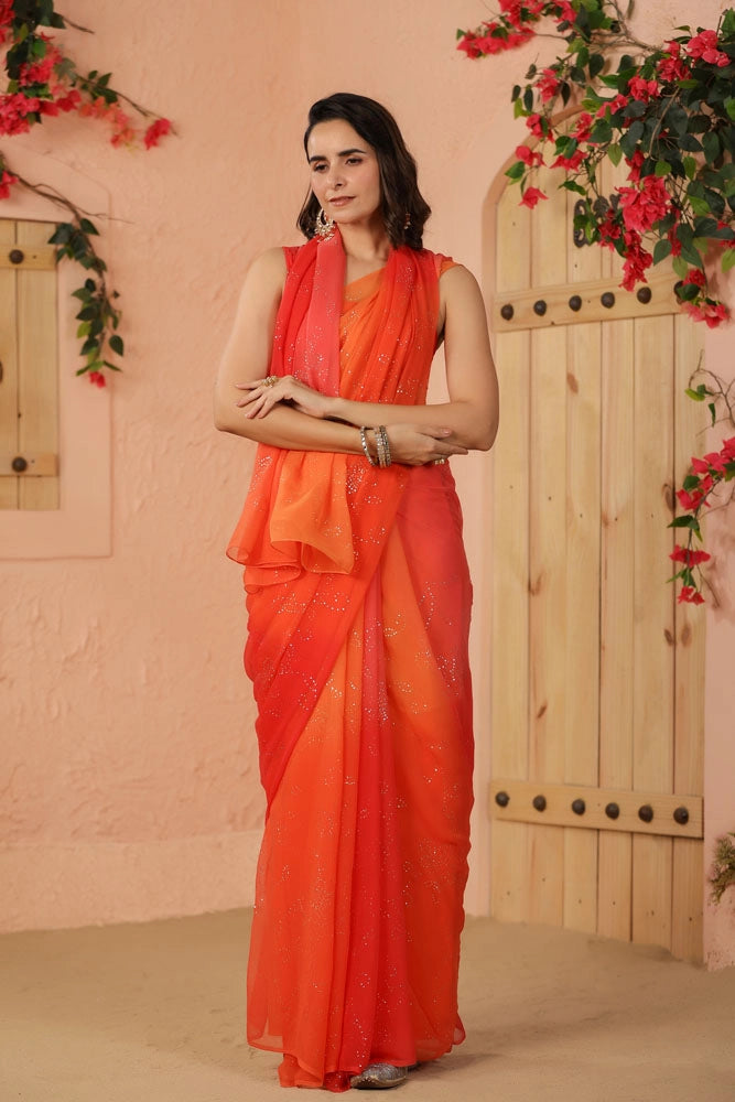 Shaded Orange & Peach Hand Embroidered Mukaish Jaal Chiffon Saree