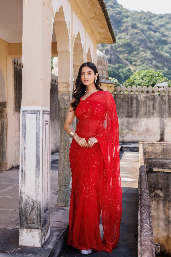 Red Hand Embroidered Mukaish Jaal Chiffon Saree