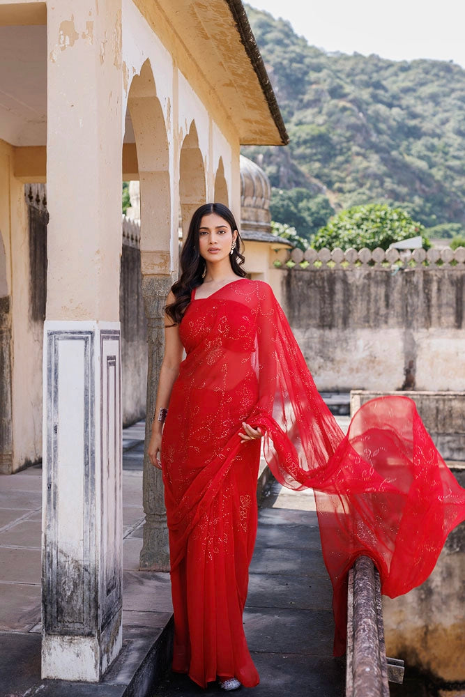 Red Hand Embroidered Mukaish Jaal Chiffon Saree