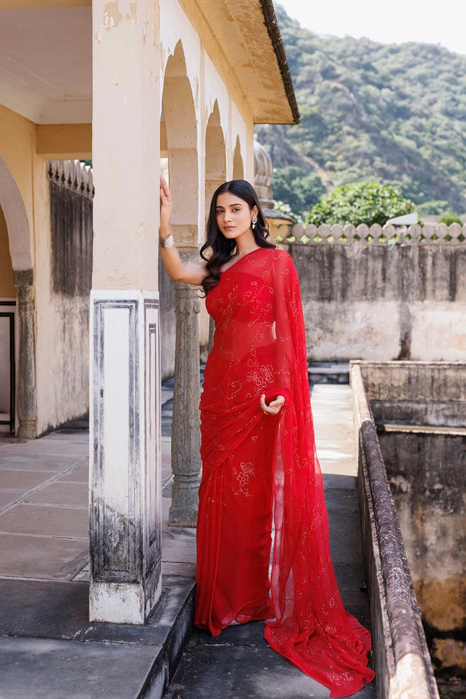 Red Hand Embroidered Mukaish Jaal Chiffon Saree