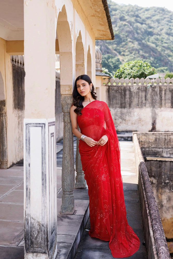 Red Hand Embroidered Mukaish Jaal Chiffon Saree