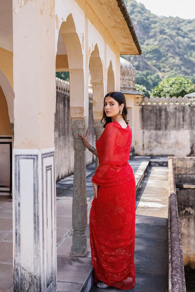 Red Hand Embroidered Mukaish Jaal Chiffon Saree