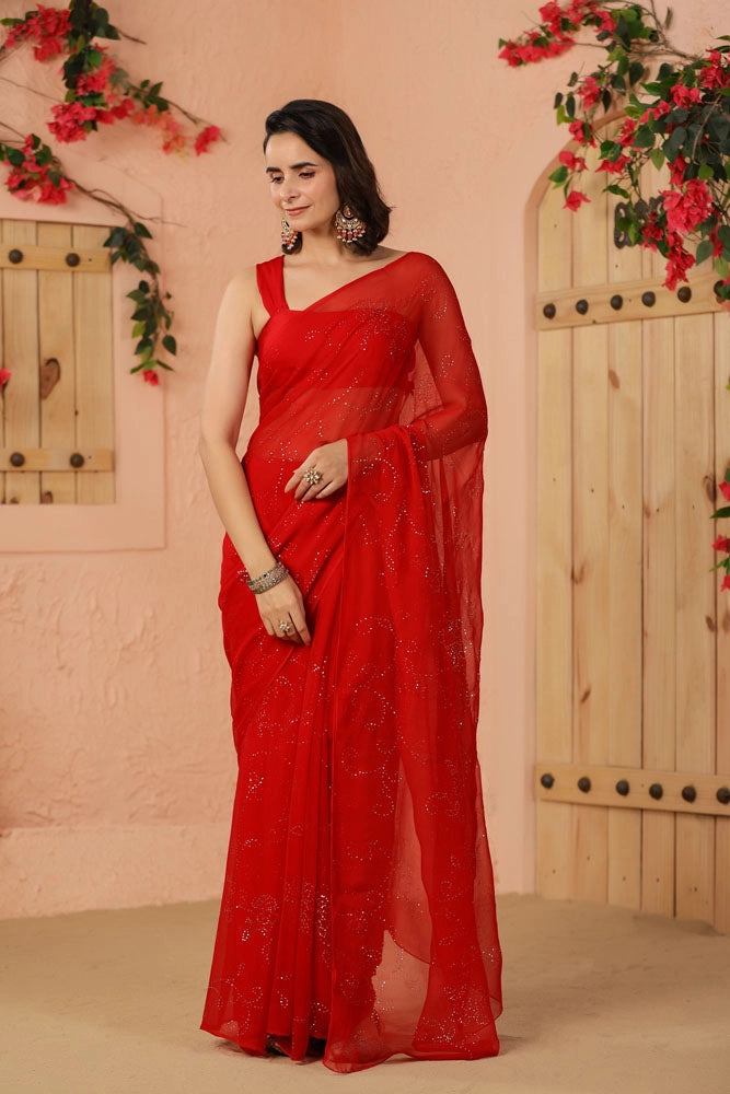 Red Hand Embroidered Mukaish Jaal Chiffon Saree