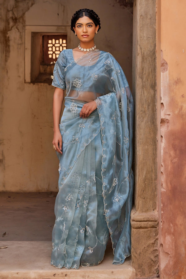 Blue Pure Tissue Saree with Intricate Embroidery