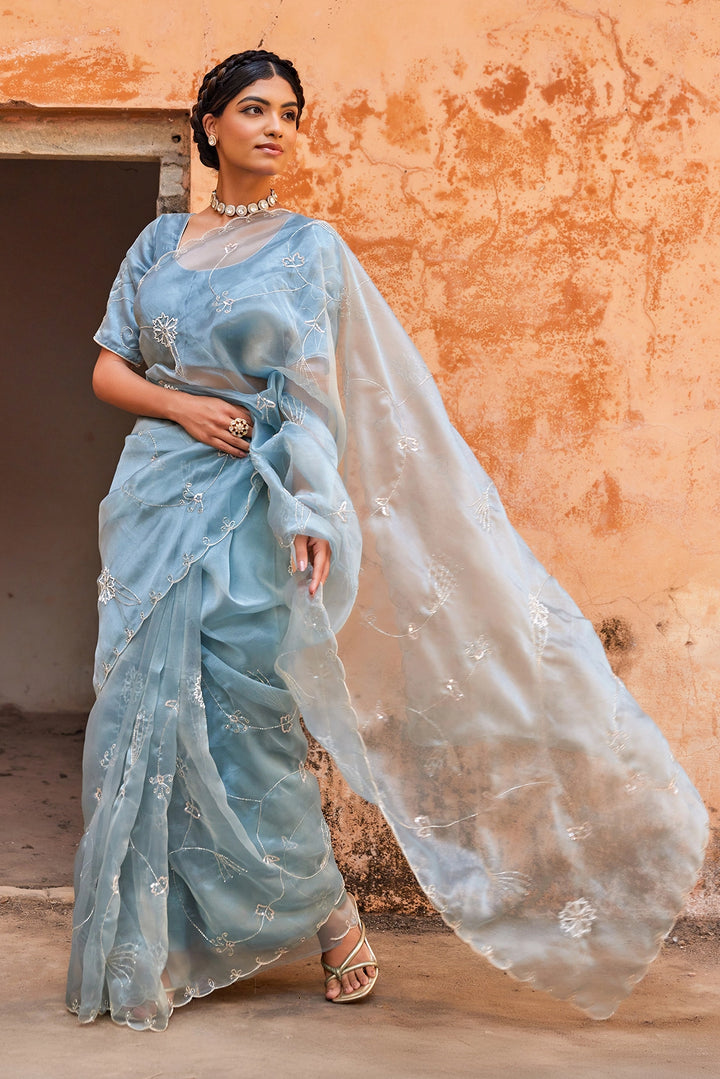 Blue Pure Tissue Saree with Intricate Embroidery