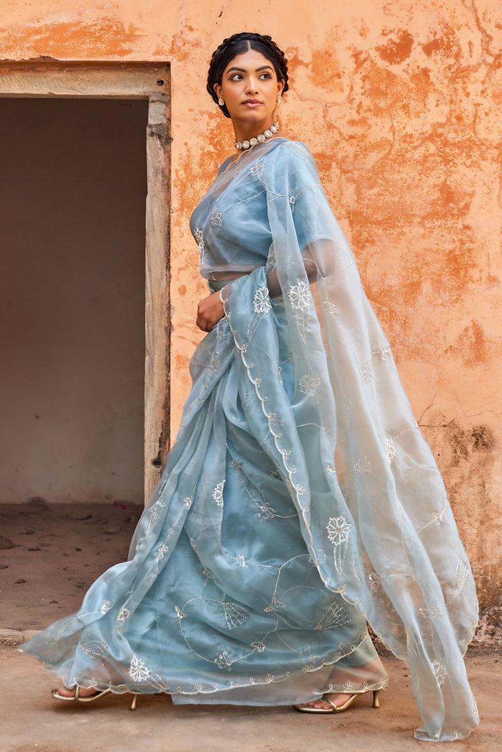 Blue Pure Tissue Saree with Intricate Embroidery