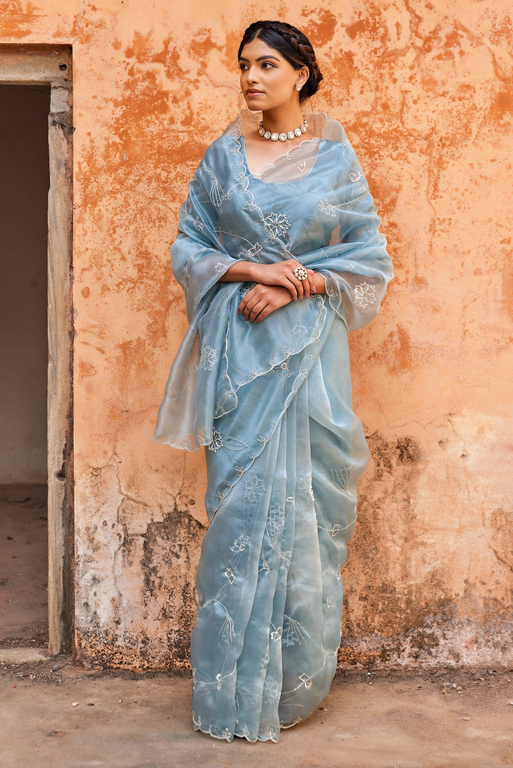 Blue Pure Tissue Saree with Intricate Embroidery