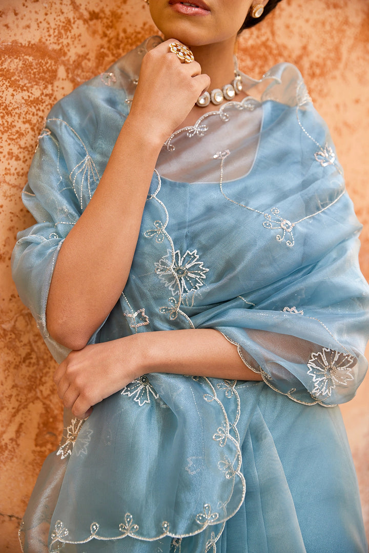 Blue Pure Tissue Saree with Intricate Embroidery