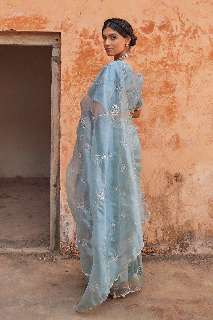 Blue Pure Tissue Saree with Intricate Embroidery