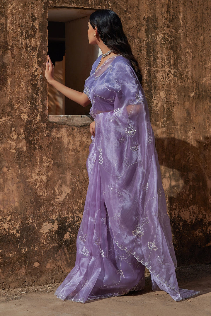 Mauve Hand Embroidered Pure Tissue Saree
