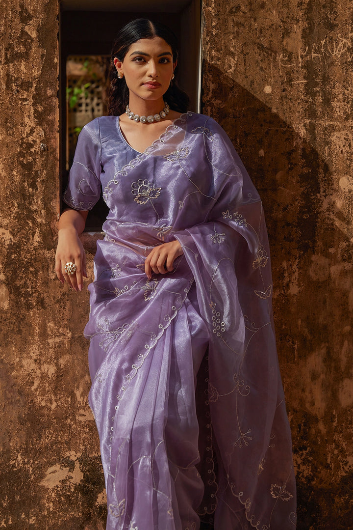 Mauve Hand Embroidered Pure Tissue Saree