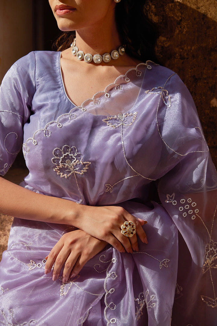 Mauve Hand Embroidered Pure Tissue Saree