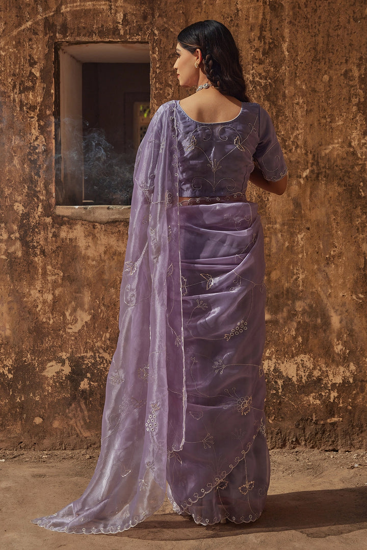 Mauve Hand Embroidered Pure Tissue Saree