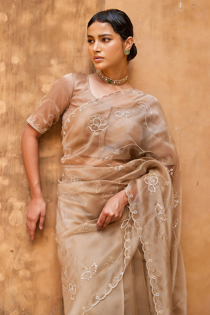 Metallic Taupe Pure Tissue Saree with Intricate Embroidery