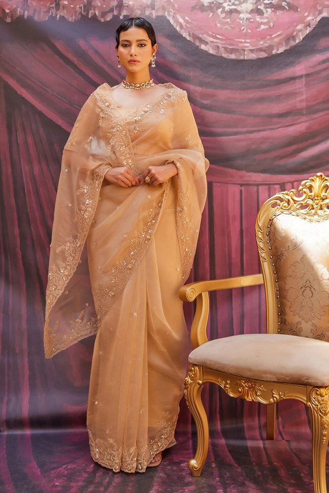 Antique Gold Pure Tissue Saree with Zardozi work
