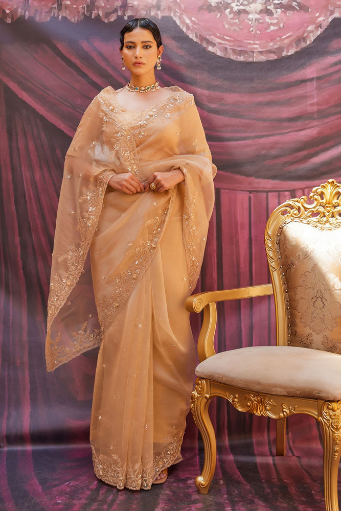 Antique Gold Pure Tissue Saree with Zardozi work