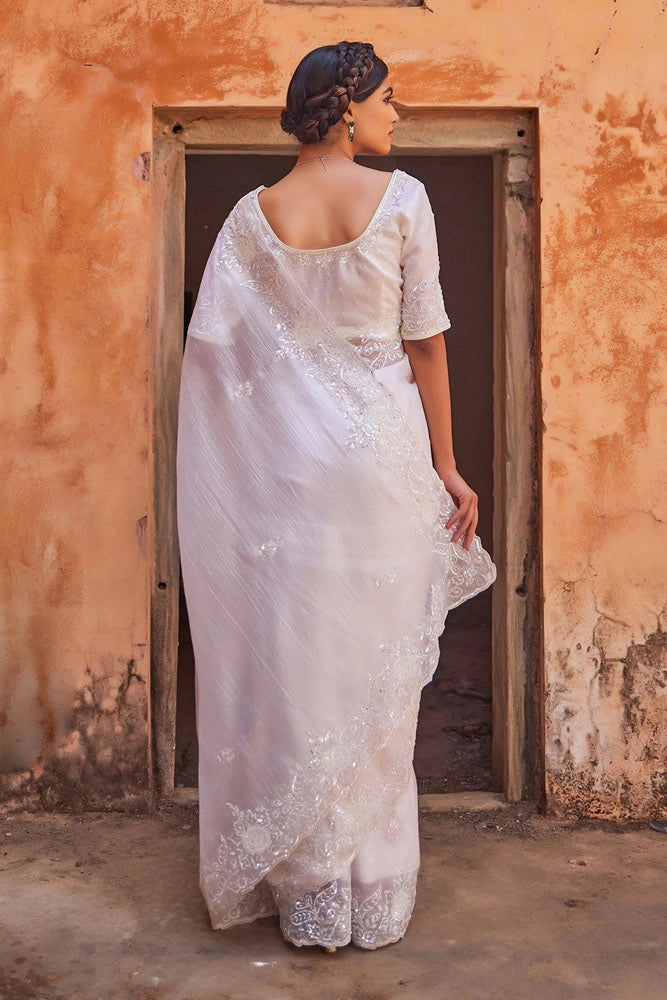 Delicate White Hand Embroidered Pure Tissue Saree